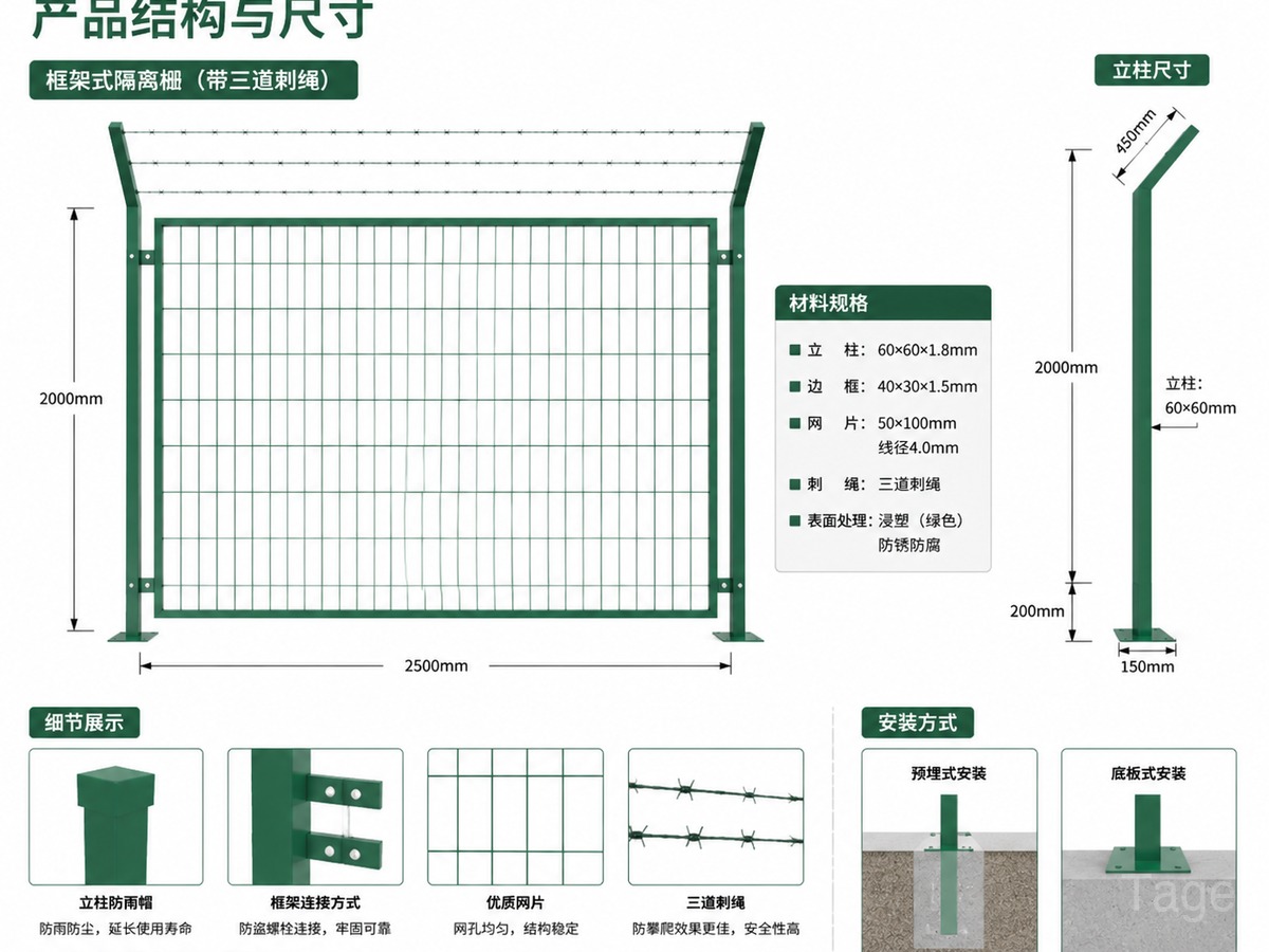 三道刺绳框架式隔离栅结构参数图